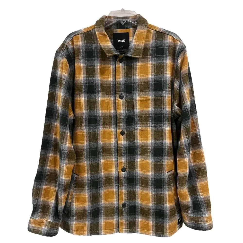 NWOT Vans Pemberton Heavy Shirt Jacket Flannel Plaid Shacket Large Yellow Gray